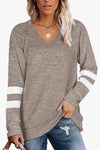 Striped Contrast Raglan Sleeve Top Khaki Women's T-Shirts - Tophatter Daily Deals