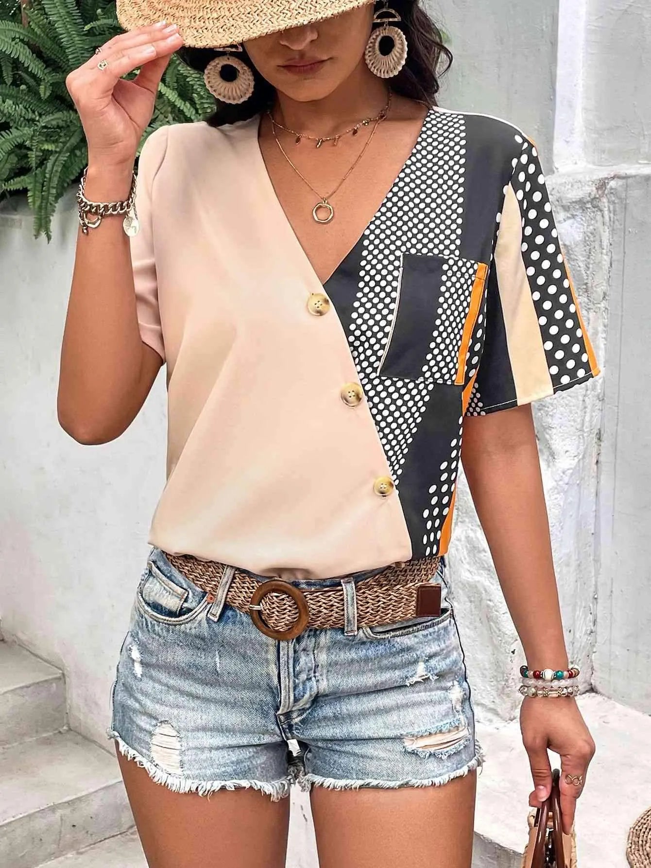 Plunge Flutter Sleeve Blouse with Pocket Blouses - Tophatter Daily Deals