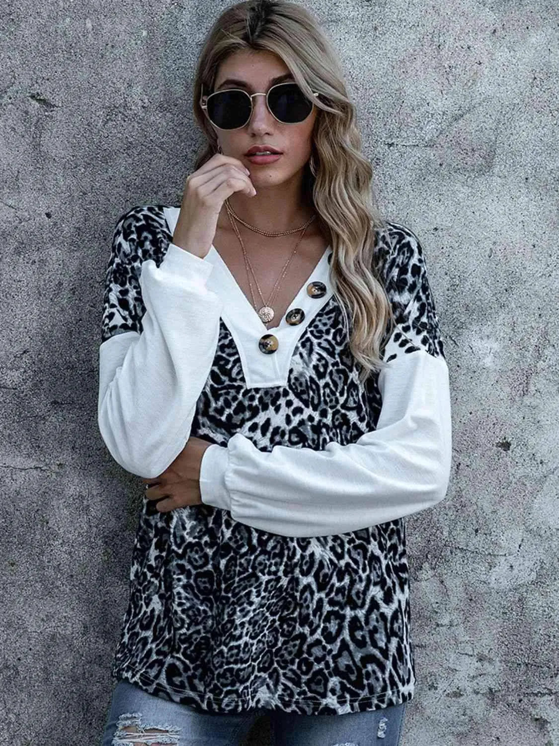 Leopard Decorative Button V-Neck Top Leopard Blouses - Tophatter Daily Deals