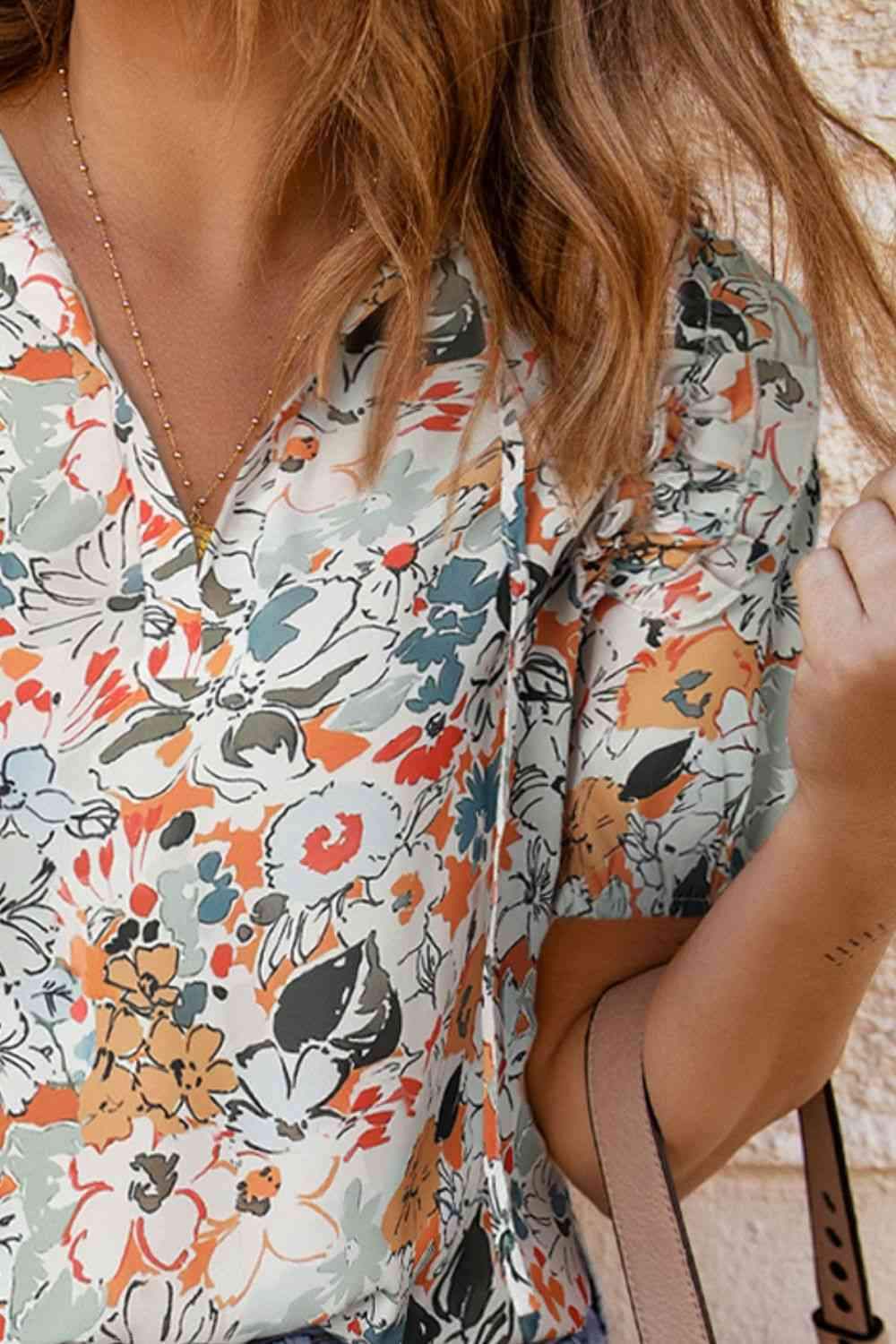 Floral Tie Neck Shoulder Detail Blouse Blouses - Tophatter Daily Deals