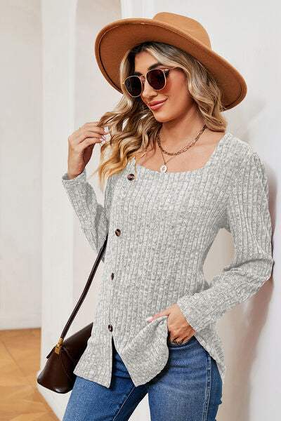 Decorative Button Square Neck T-Shirt Women's T-Shirts - Tophatter Daily Deals