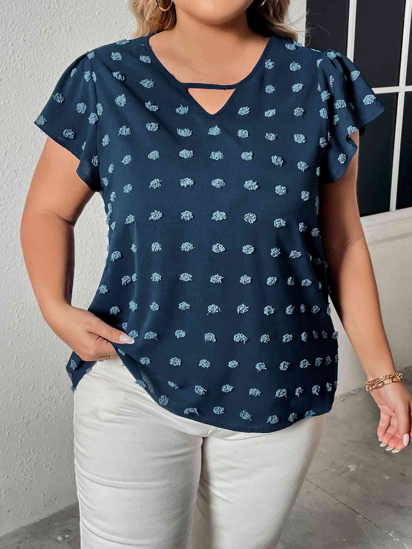 Plus Size Swiss Dot V-Neck Flutter Sleeve Tee Peacock Blue Women's T-Shirts - Tophatter Daily Deals