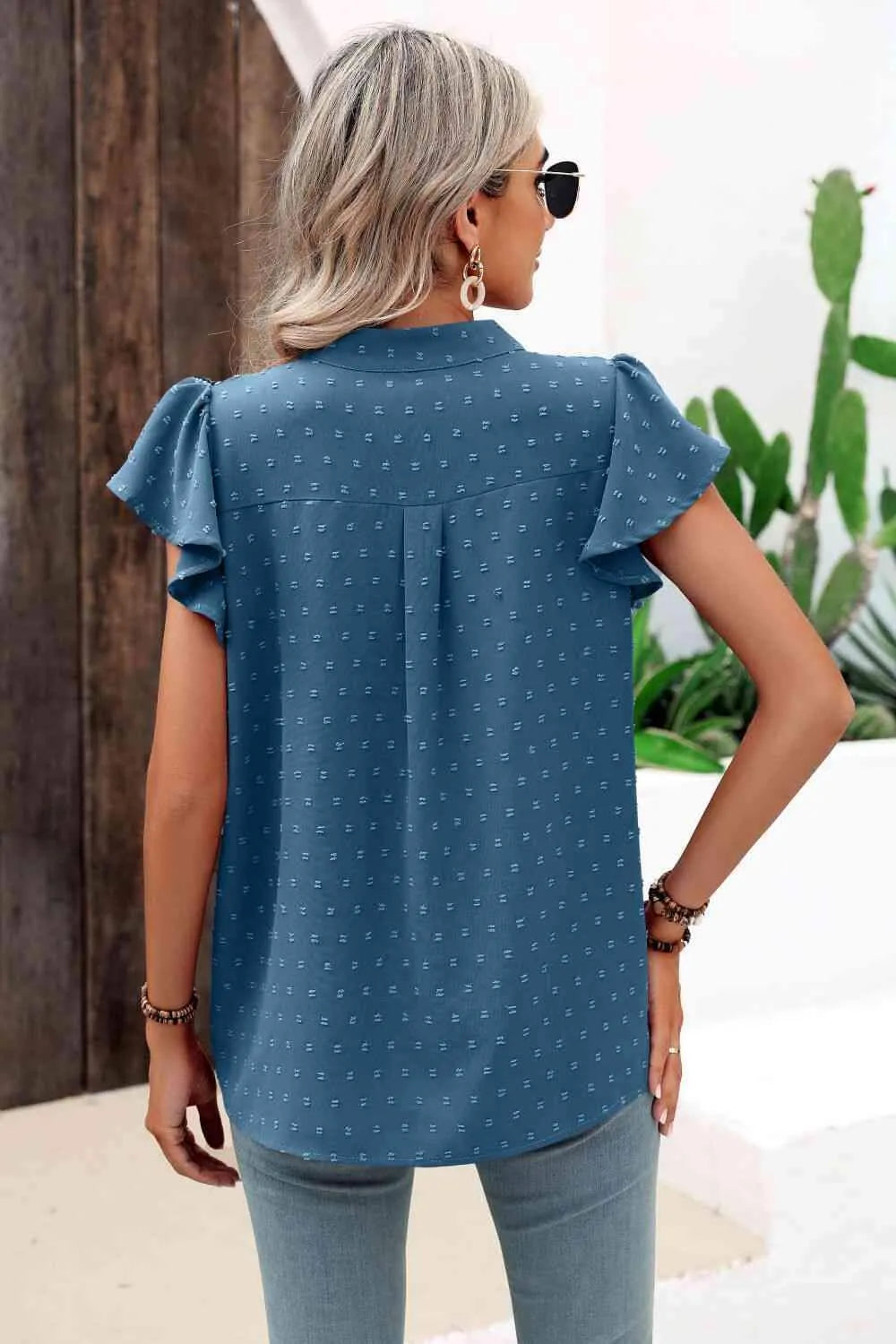 Swiss Dot Flutter Sleeve Notched Neck Blouse Blouses - Tophatter Daily Deals