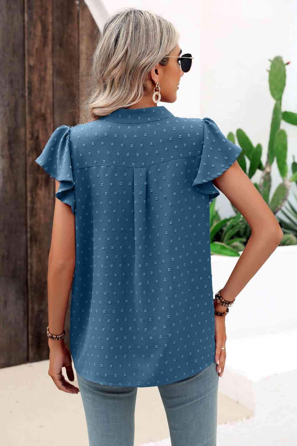 Swiss Dot Flutter Sleeve Notched Neck Blouse Blouses - Tophatter Daily Deals