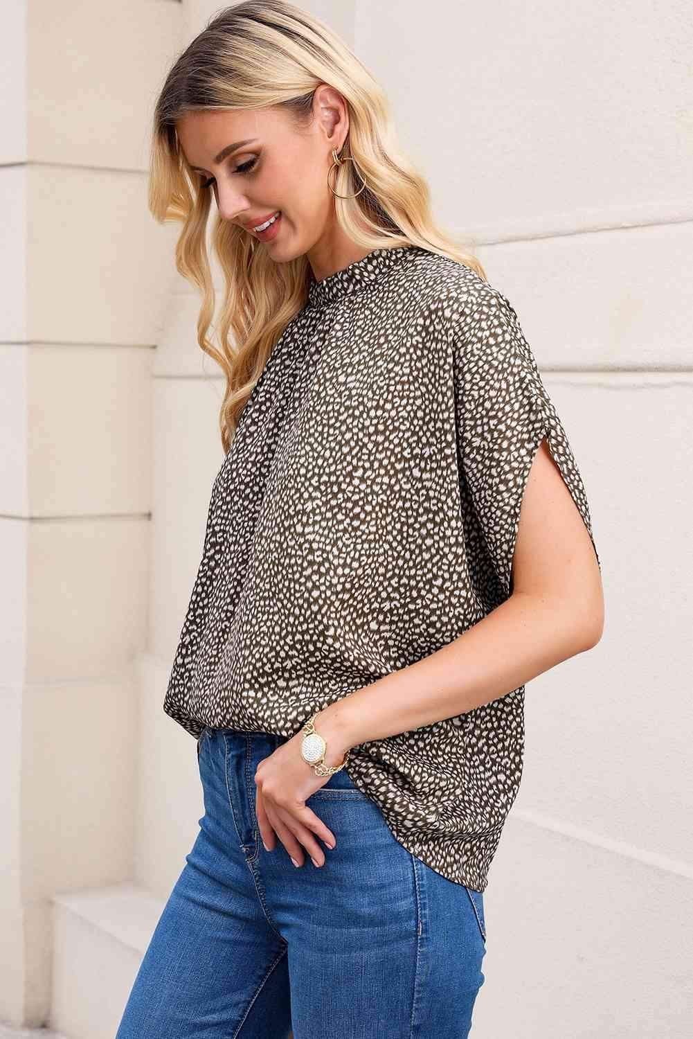 Leopard Print Mock Neck Blouse Blouses - Tophatter Daily Deals