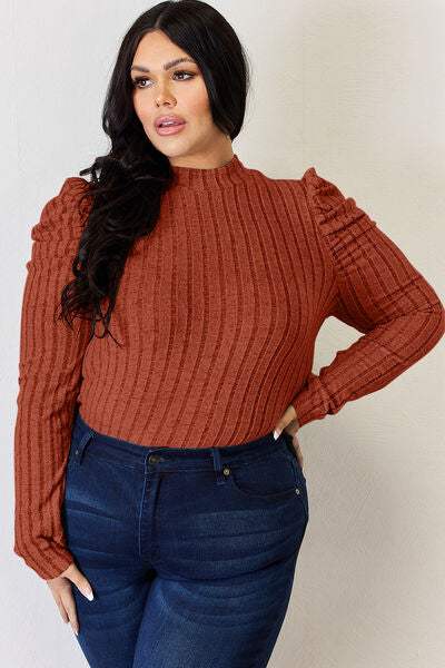 Basic Bae Full Size Ribbed Mock Neck Puff Sleeve T-Shirt Women's T-Shirts - Tophatter Daily Deals