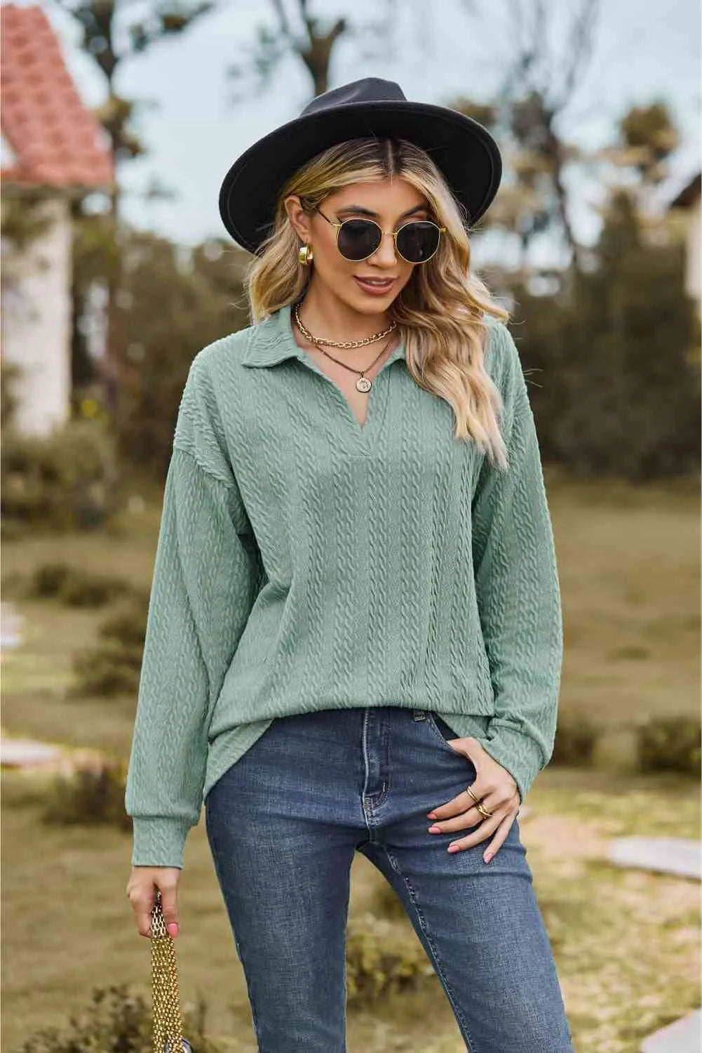 Collared Neck Cable-Knit Long Sleeve Blouse Sage Blouses - Tophatter Daily Deals