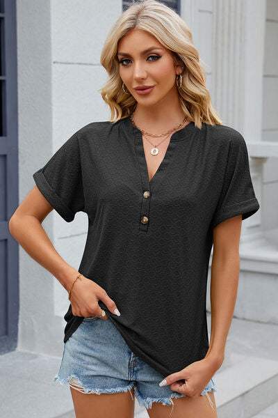 Eyelet Notched Short Sleeve T-Shirt Women's T-Shirts - Tophatter Daily Deals