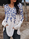 Floral Print V-Neck Long Sleeve Buttoned Tee Royal Blue Women's T-Shirts - Tophatter Daily Deals