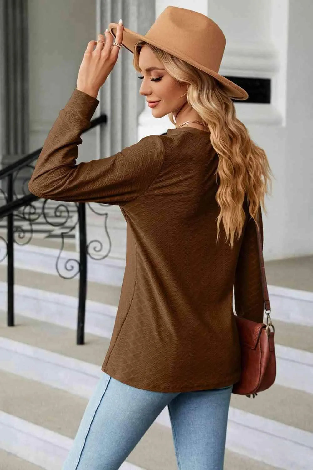 Notched Neck Long Sleeve Buttoned Blouse Blouses - Tophatter Daily Deals