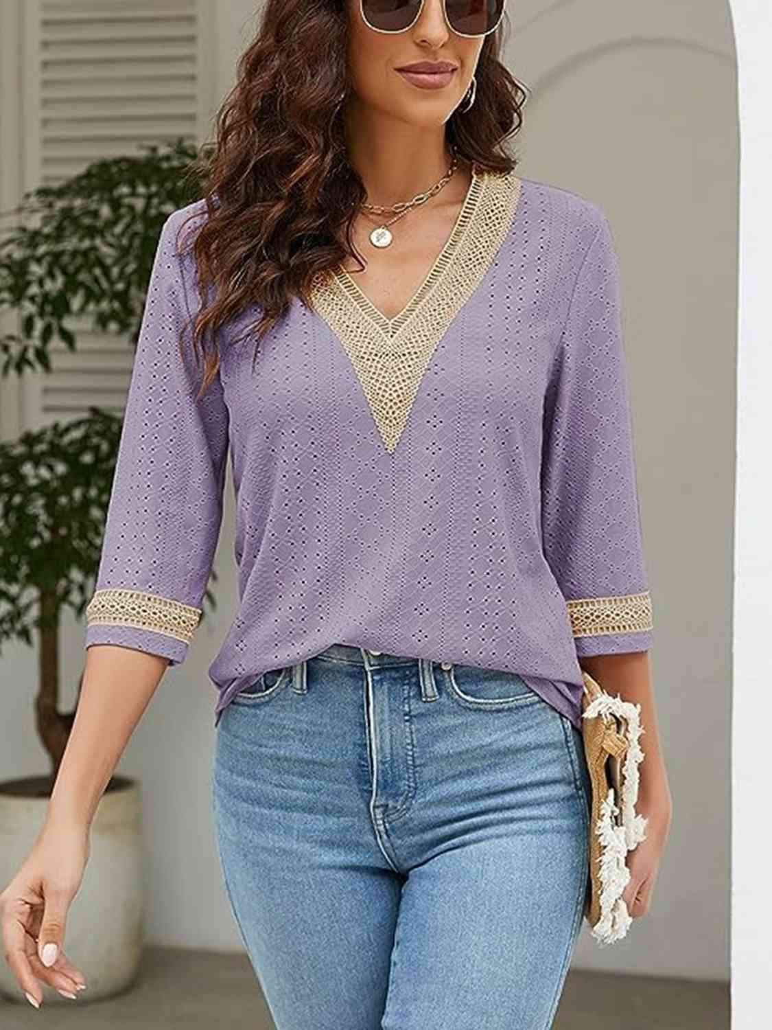 V-Neck Eyelet Blouse Lilac Blouses - Tophatter Daily Deals