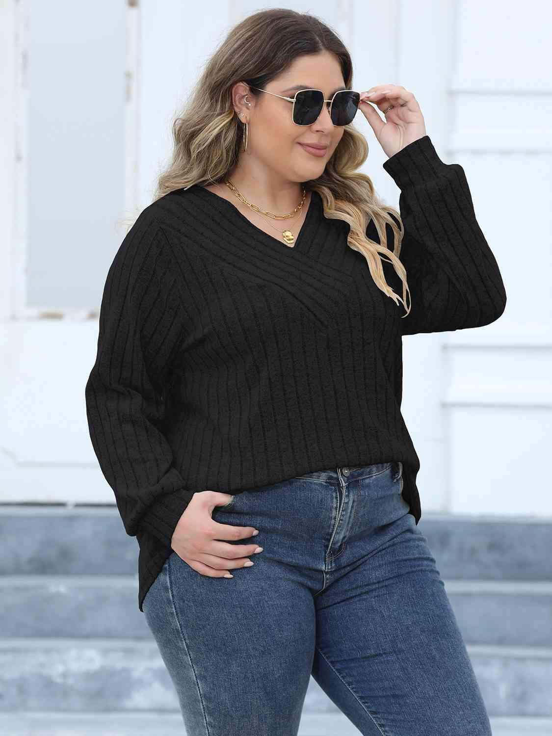 Plus Size Ribbed V-Neck Long Sleeve Top Women's T-Shirts - Tophatter Daily Deals