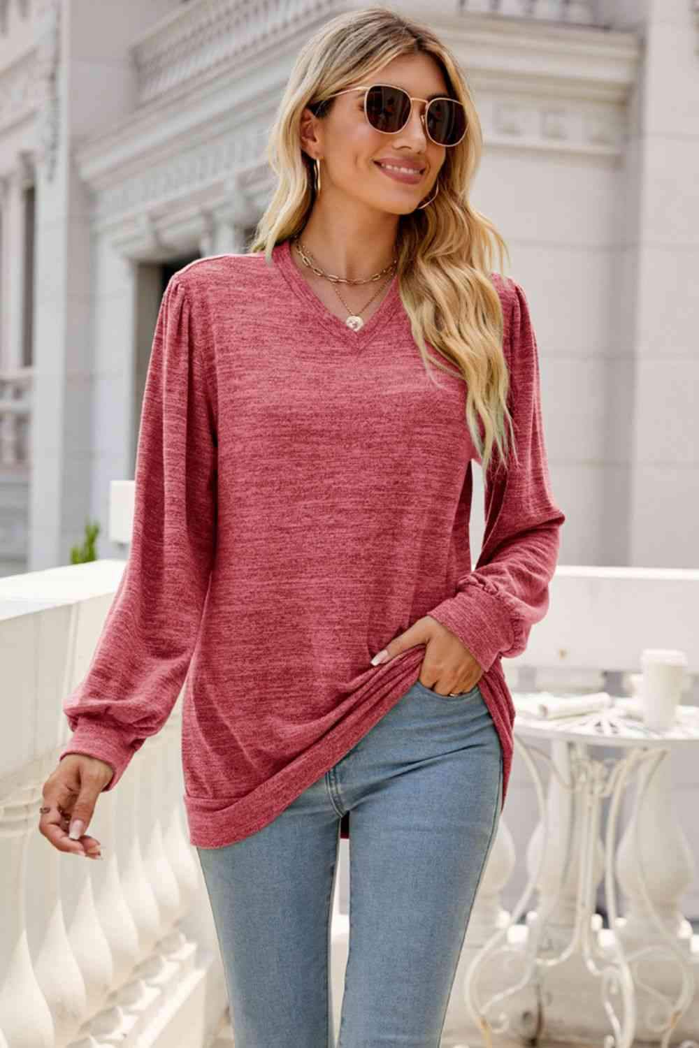 Long Puff Sleeve V-Neck Top Red Women's T-Shirts - Tophatter Daily Deals