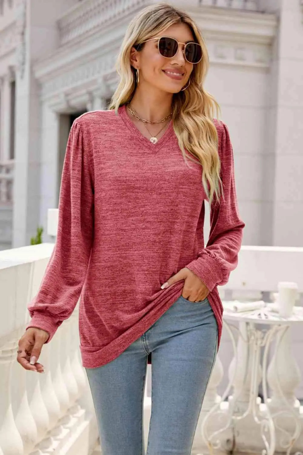 Long Puff Sleeve V-Neck Top Red Women's T-Shirts - Tophatter Daily Deals