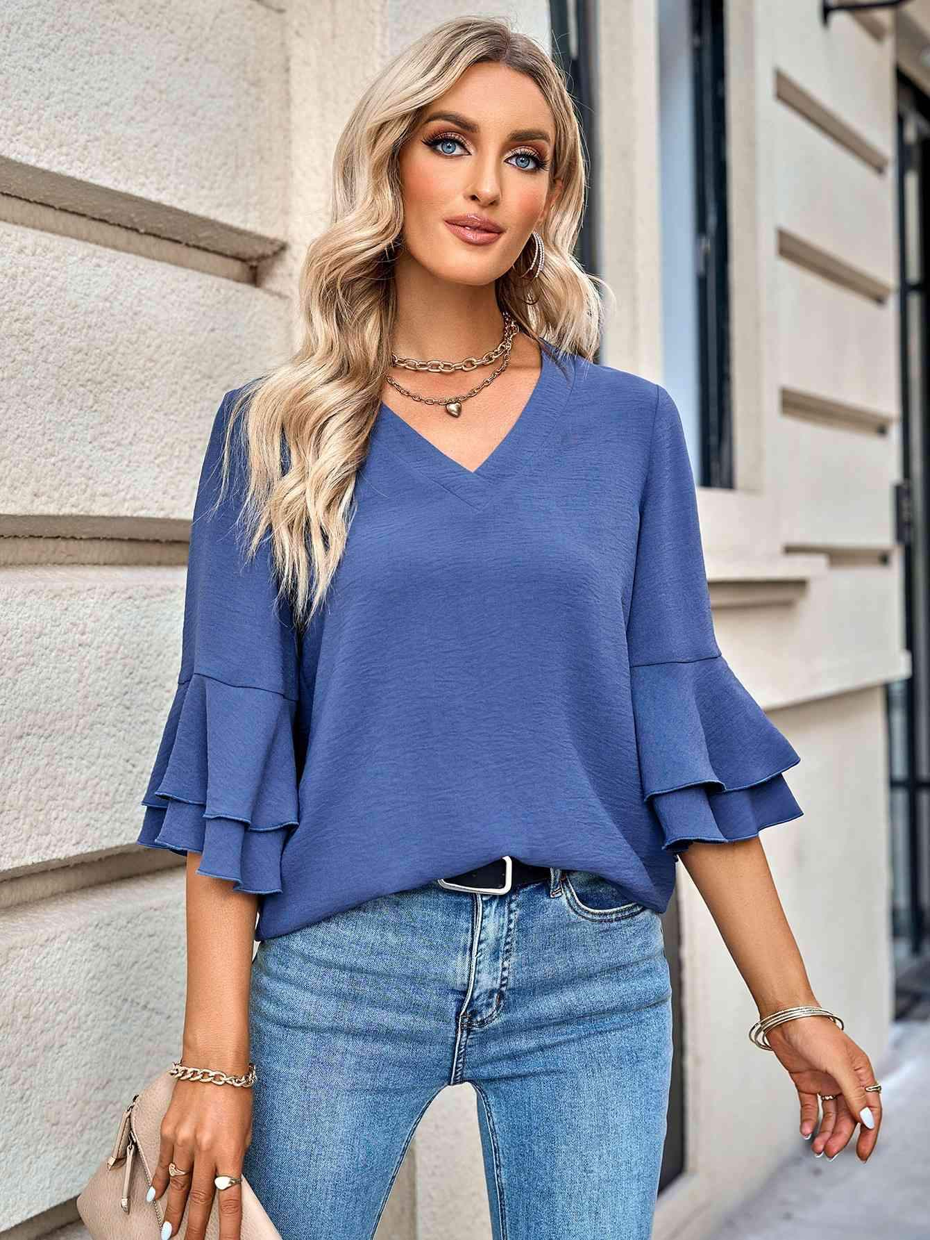 Layered Flare Sleeve Textured V-Neck Blouse Cobalt Blue Blouses - Tophatter Daily Deals