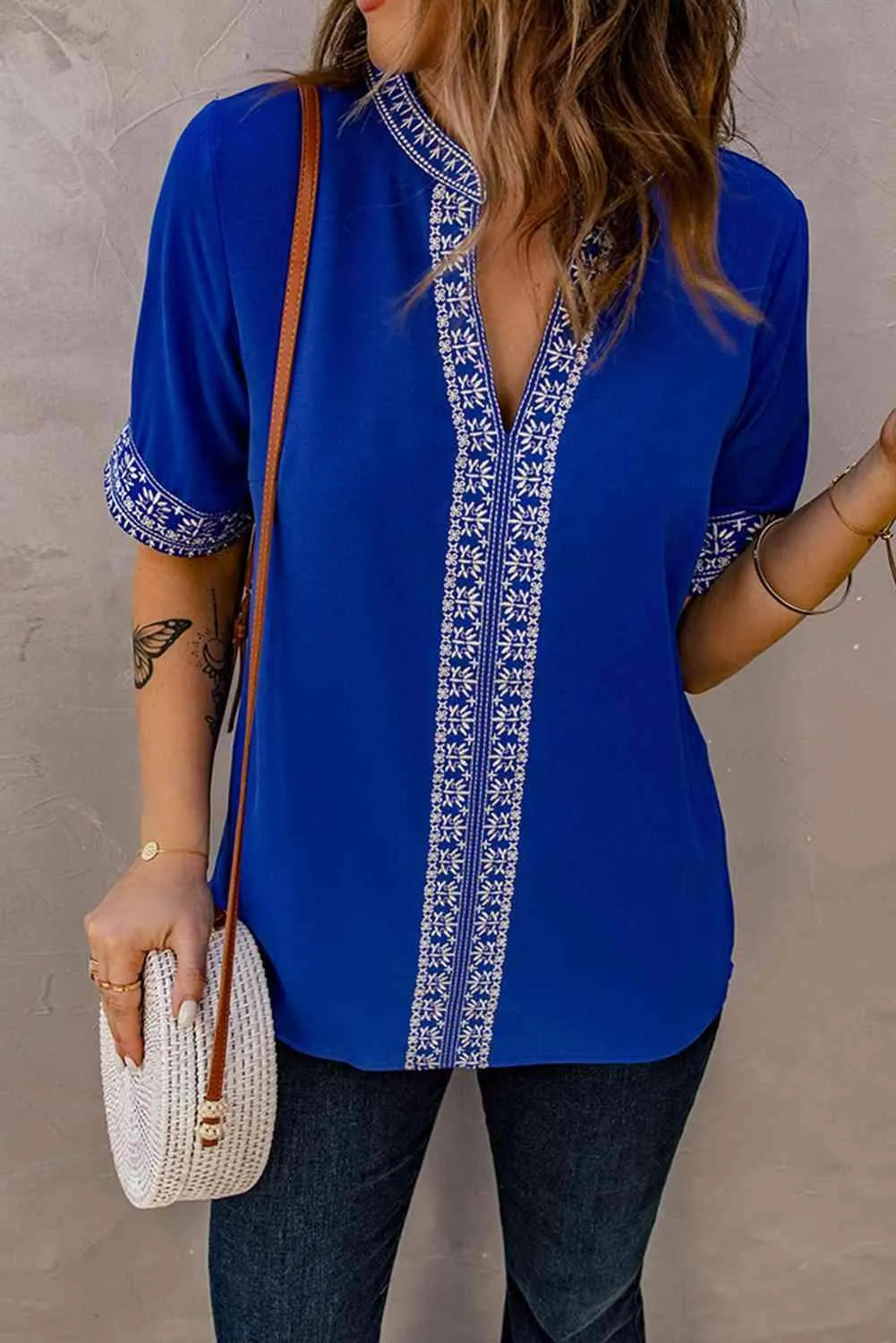 Embroidered V-Neck Top Blouses - Tophatter Daily Deals