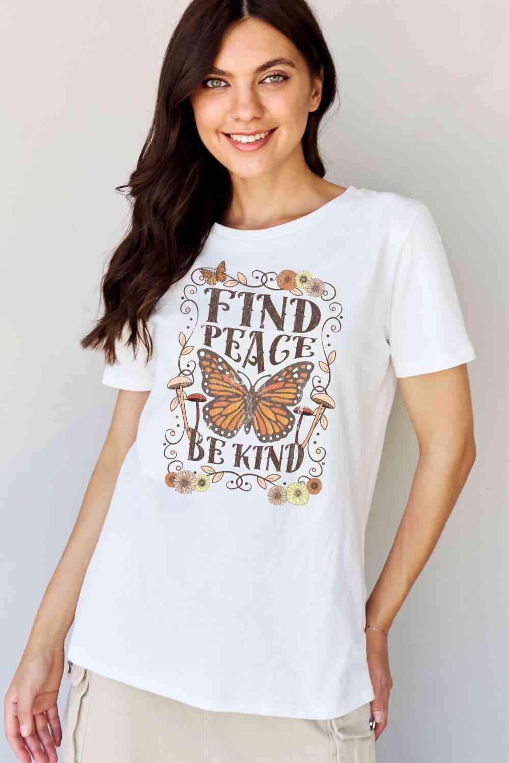 Simply Love Full Size FIND PEACE BE KIND Graphic Cotton T-Shirt Women's T-Shirts - Tophatter Daily Deals