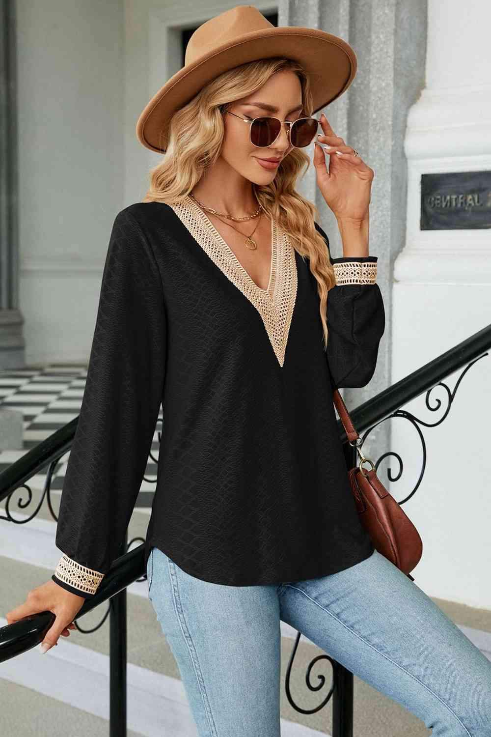 V-Neck Long Sleeve Blouse Blouses - Tophatter Daily Deals