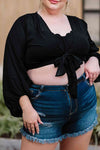 Plus Size Tie Front Crop Top Black Blouses - Tophatter Daily Deals