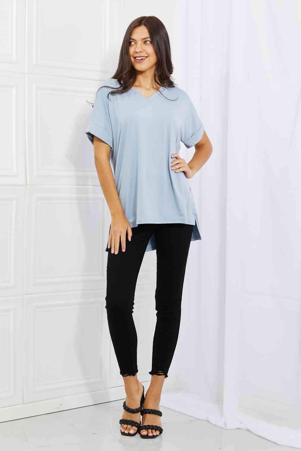 Zenana Simply Comfy Full Size V-Neck Loose Fit T-Shirt in Blue Women's T-Shirts - Tophatter Daily Deals