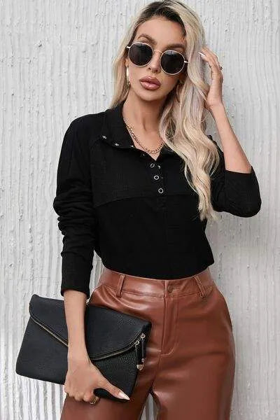 Ribbed Knit Henry Collar Loose Fitting Long Sleeve Top Blouses - Tophatter Daily Deals