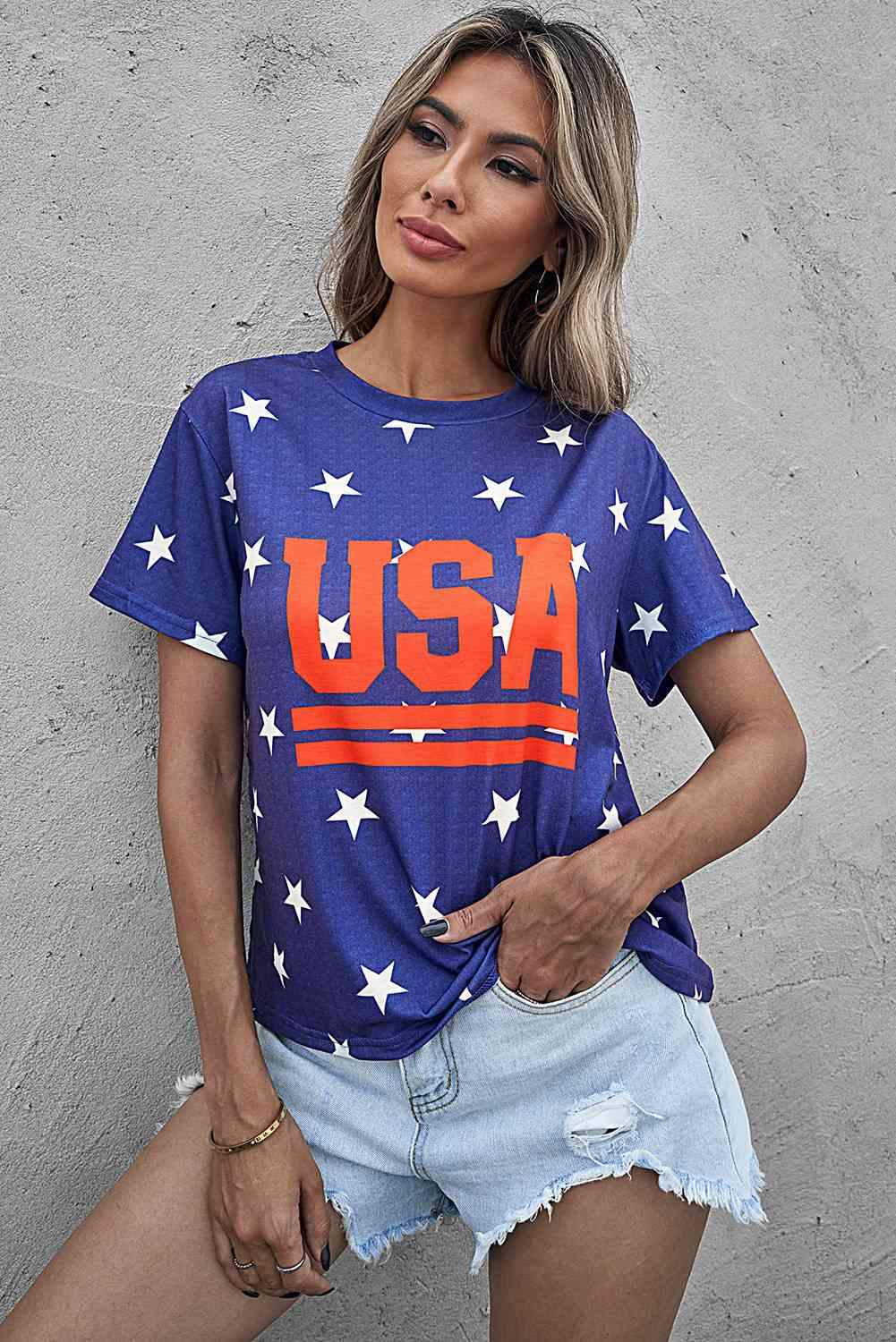 USA Star Print Round Neck T-Shirt Light Indigo Women's T-Shirts - Tophatter Daily Deals