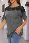 Lace Detail Round Neck Short Sleeve T-Shirt Women's T-Shirts - Tophatter Daily Deals