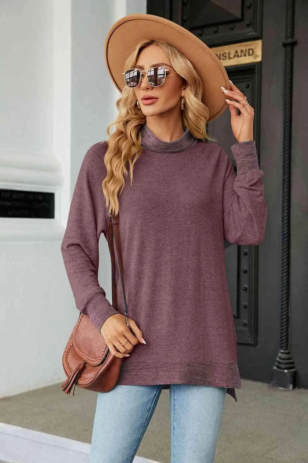 Turtle Neck Long Sleeve Slit Blouse Moonlit Mauve Blouses - Tophatter Daily Deals