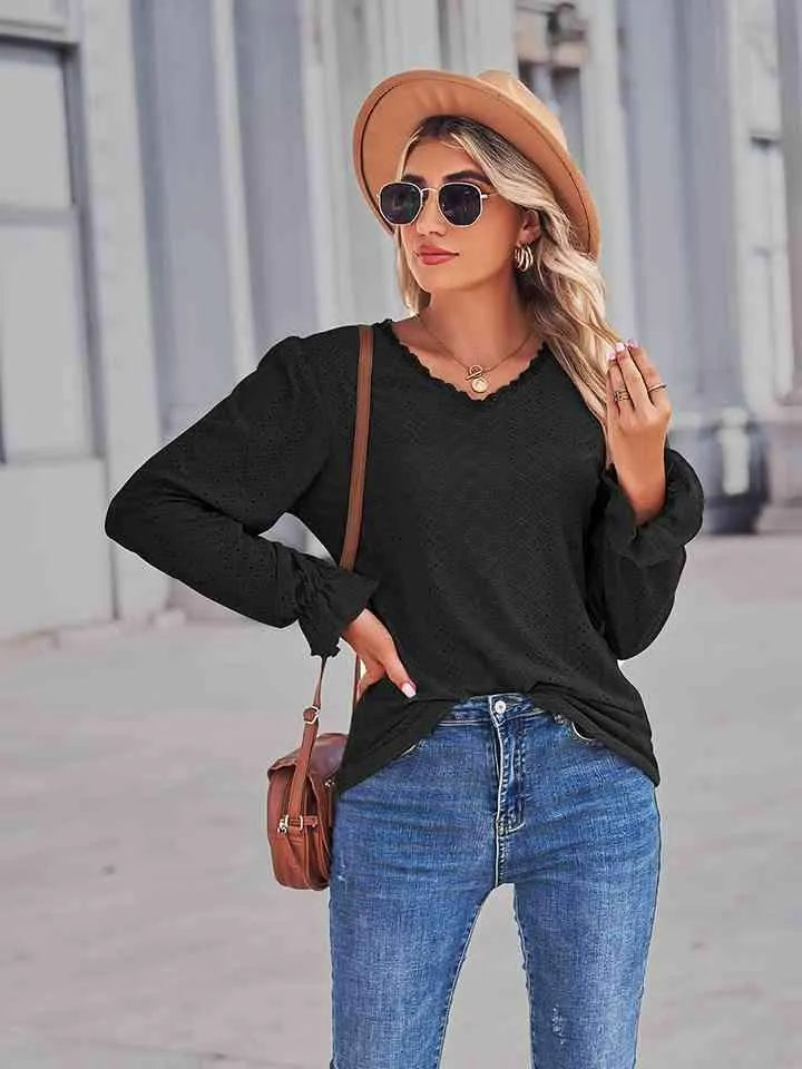 Eyelet V-Neck Flounce Sleeve Blouse Blouses - Tophatter Daily Deals