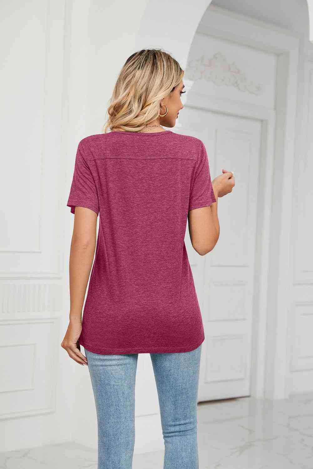 Decorative Button V-Neck T-Shirt Women's T-Shirts - Tophatter Daily Deals