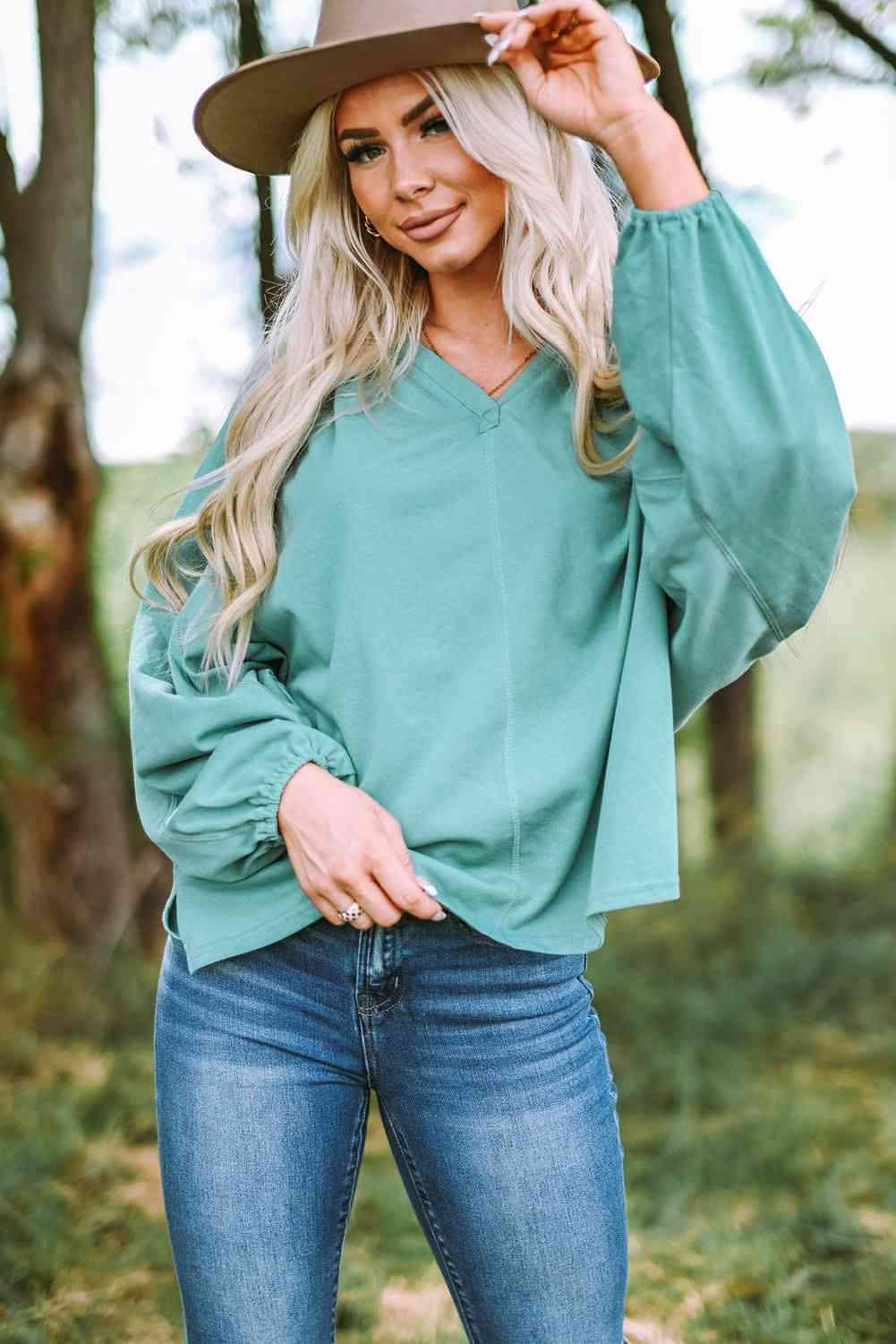 Notched Neck Balloon Sleeve Blouse Tiffany Blue Blouses - Tophatter Daily Deals