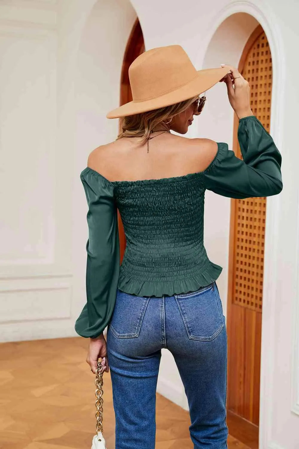 Smocked Off-Shoulder Ruffle Hem Blouse Blouses - Tophatter Daily Deals