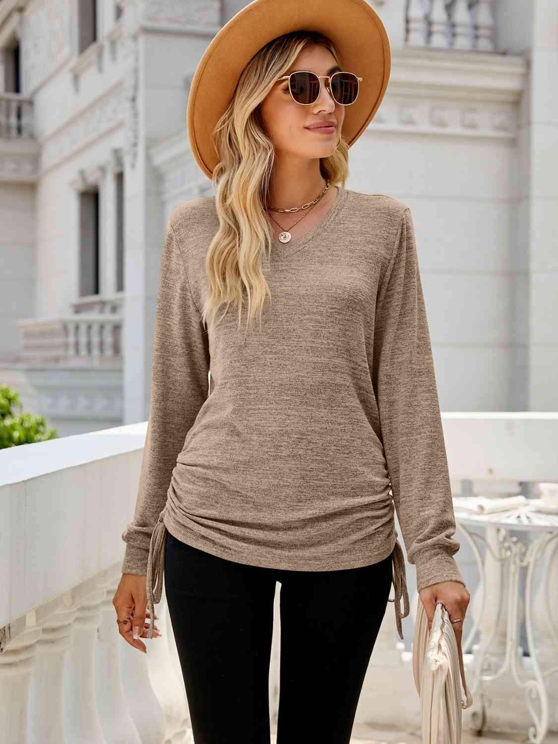 Drawstring V-Neck Long Sleeve T-Shirt Women's T-Shirts - Tophatter Daily Deals