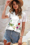 Floral Graphic Scalloped V-Neck Top Blouses - Tophatter Daily Deals