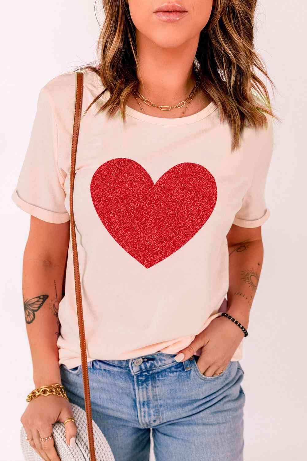 Glitter Heart Graphic T-Shirt Pink Women's T-Shirts - Tophatter Daily Deals