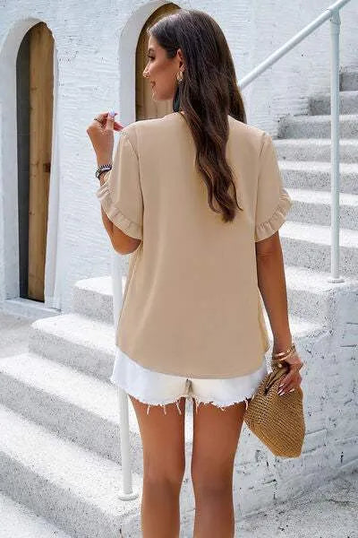 Notched Ruffled Petal Sleeve T-Shirt Women's T-Shirts - Tophatter Daily Deals