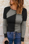 Color Block Round Neck Long Sleeve T-Shirt Charcoal Women's T-Shirts - Tophatter Daily Deals