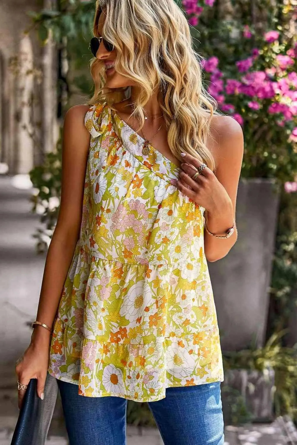 Printed One-Shoulder Tiered Top Blouses - Tophatter Daily Deals