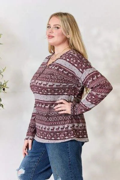 Heimish Full Size Christmas Element Buttoned Long Sleeve Top Blouses - Tophatter Daily Deals