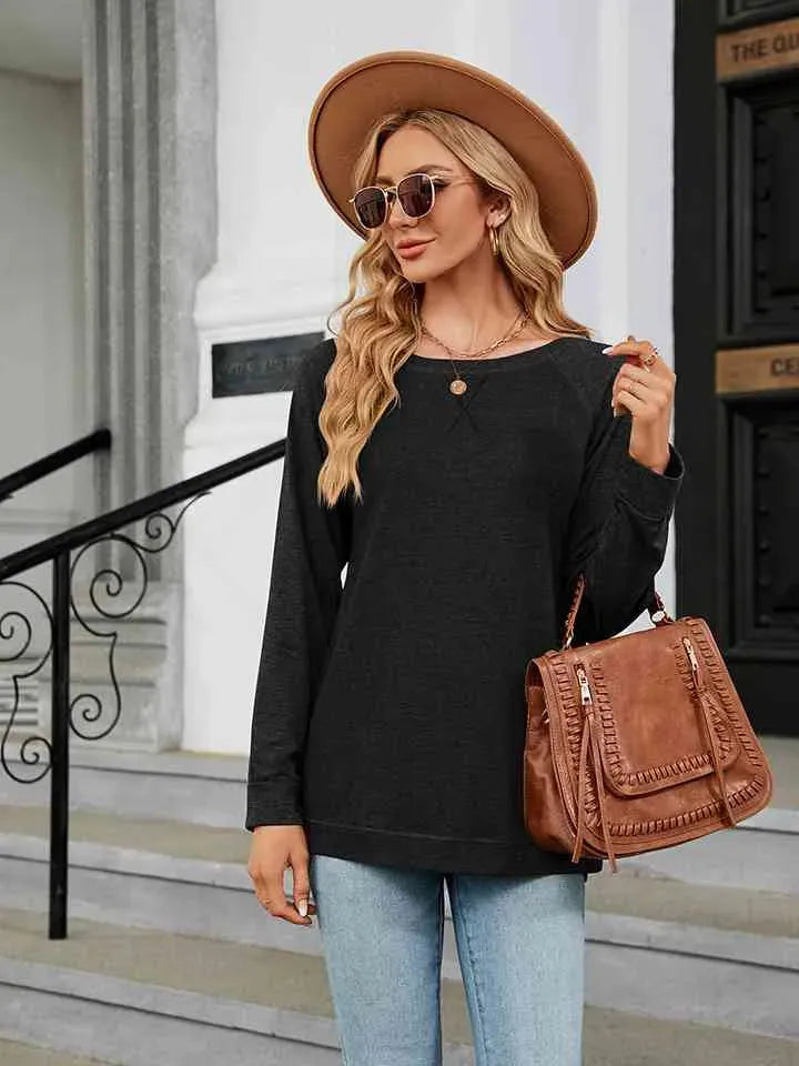Round Neck Long Sleeve T-Shirt Black Women's T-Shirts - Tophatter Daily Deals