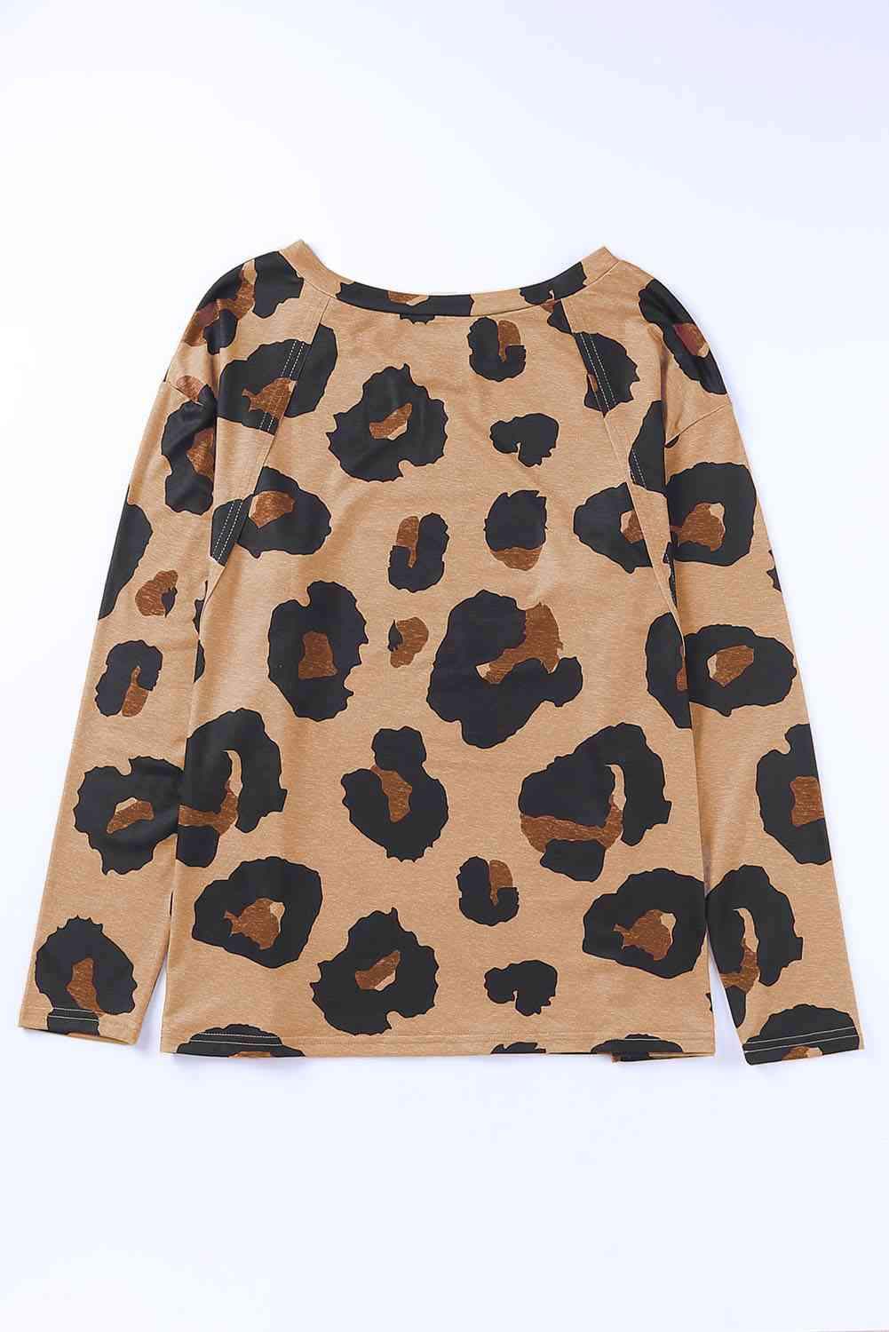 Full Size Leopard Print Round Neck Long Sleeve Tee Women's T-Shirts - Tophatter Daily Deals