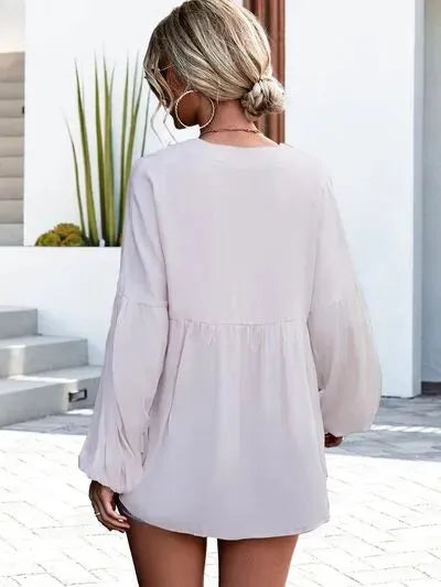 V-Neck Buttoned Balloon Sleeve Blouse Blouses - Tophatter Daily Deals