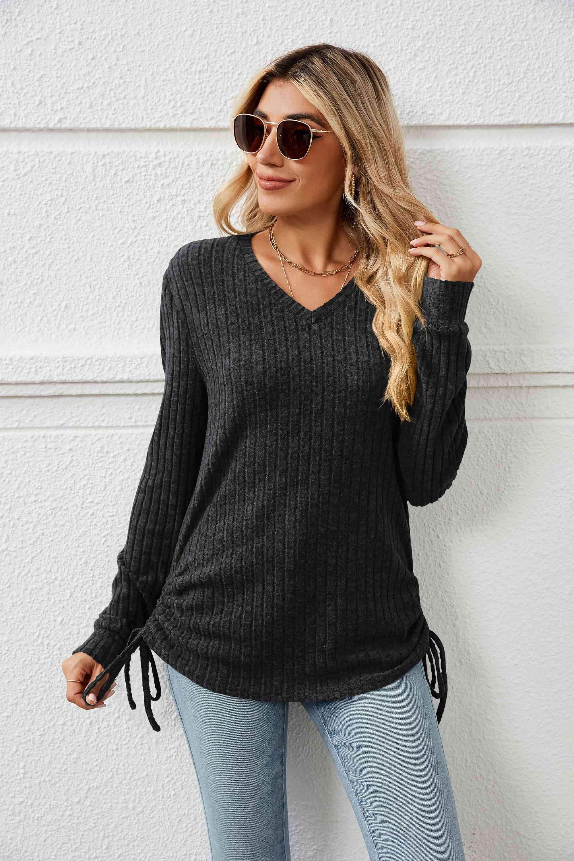 Drawstring Ribbed Long Sleeve T-Shirt Women's T-Shirts - Tophatter Daily Deals