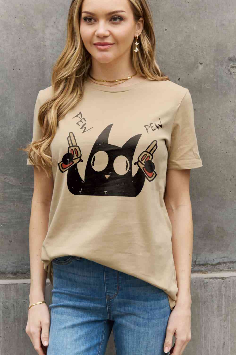 Simply Love Full Size PEW PEW Graphic Cotton Tee Taupe Women's T-Shirts - Tophatter Daily Deals