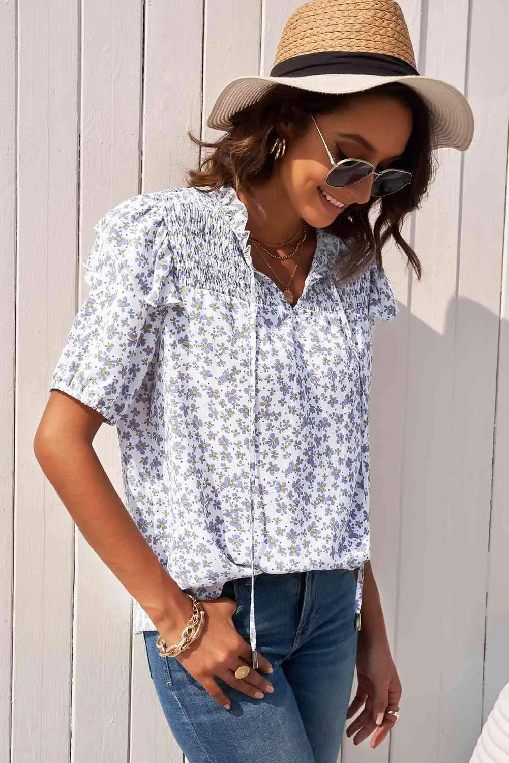 Floral Smocked Ruffle Shoulder Tie Neck Top Blouses - Tophatter Daily Deals