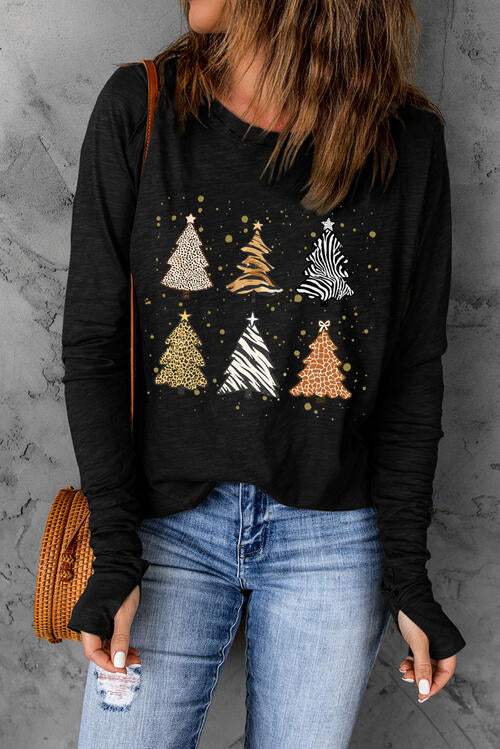 Christmas Tree Graphic Round Neck Long Sleeve T-Shirt Women's T-Shirts - Tophatter Daily Deals