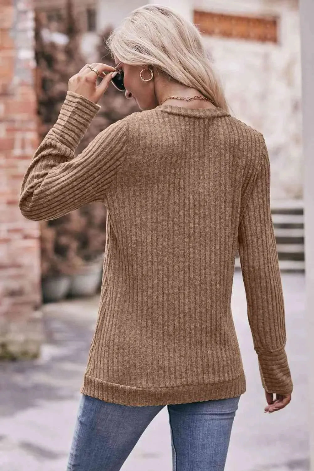 Double Take V-Neck Long Sleeve Ribbed Top Blouses - Tophatter Daily Deals