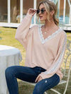 Contrast Spliced Lace V-Neck Top Blouses - Tophatter Daily Deals