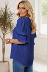 Smocked Flounce Sleeve Notched Neck Blouse Blouses - Tophatter Daily Deals