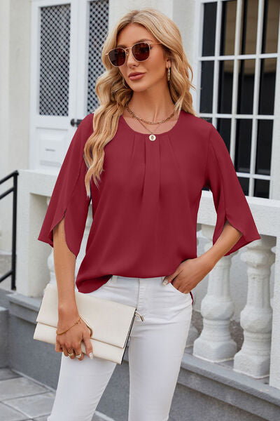 Round Neck Slit Half Sleeve Top Women's T-Shirts - Tophatter Daily Deals